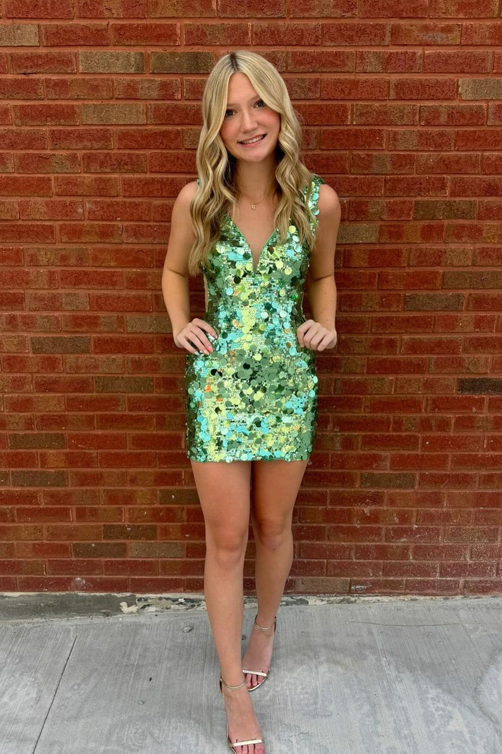 Glitter Bodycon V Neck Sage Green Sequins Short Homecoming Dresses VK24082604