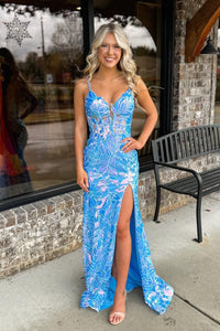 Glitter Light Blue V Neck Sequins Lace Prom Dresses with Slit VK24011205-1