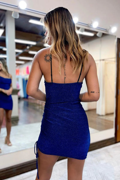 Glitter Royal Blue Spaghetti Straps Tight Short Homecoming Dress with String VK23090509