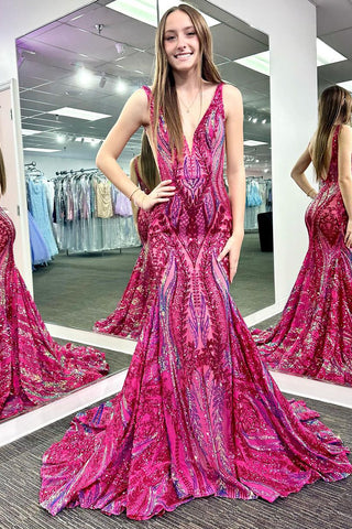 Glitter V Neck Hot Pink Sequin Lace Mermaid Long Prom Dresses VK23121706