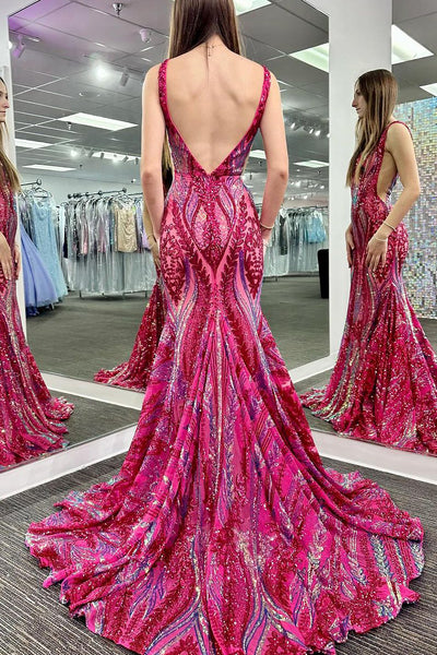 Glitter V Neck Hot Pink Sequin Lace Mermaid Long Prom Dresses VK23121706