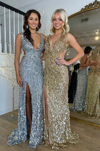Gold Sequins Mermaid Long Prom Dresses with Slit VK24020802-1