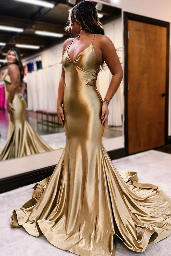 Regency Mermaid Satin V Neck Long Prom Dress with Slit VK23120907 main image 1