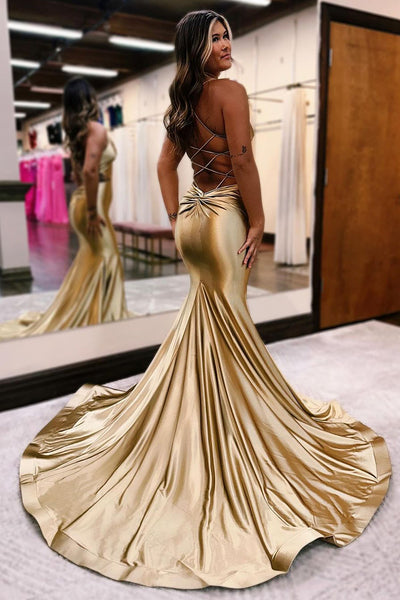 Golden Satin V Neck Cutout Mermaid Prom Dresses VK23120502