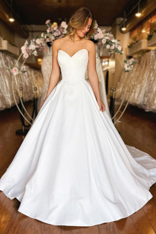 Gorgeous A-Line Strapless White Satin Wedding Dresses with Pockets VK24050705