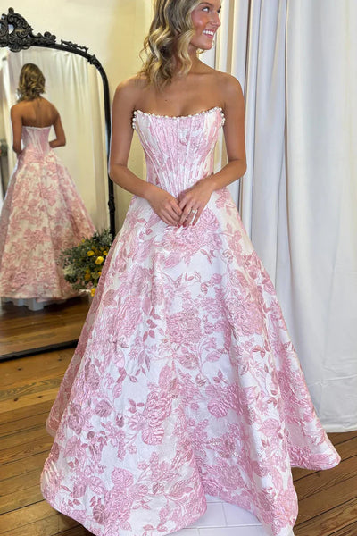 Stunning A Line Scoop Neck Jacquard Satin Long Prom Dress with Pearls VK160804