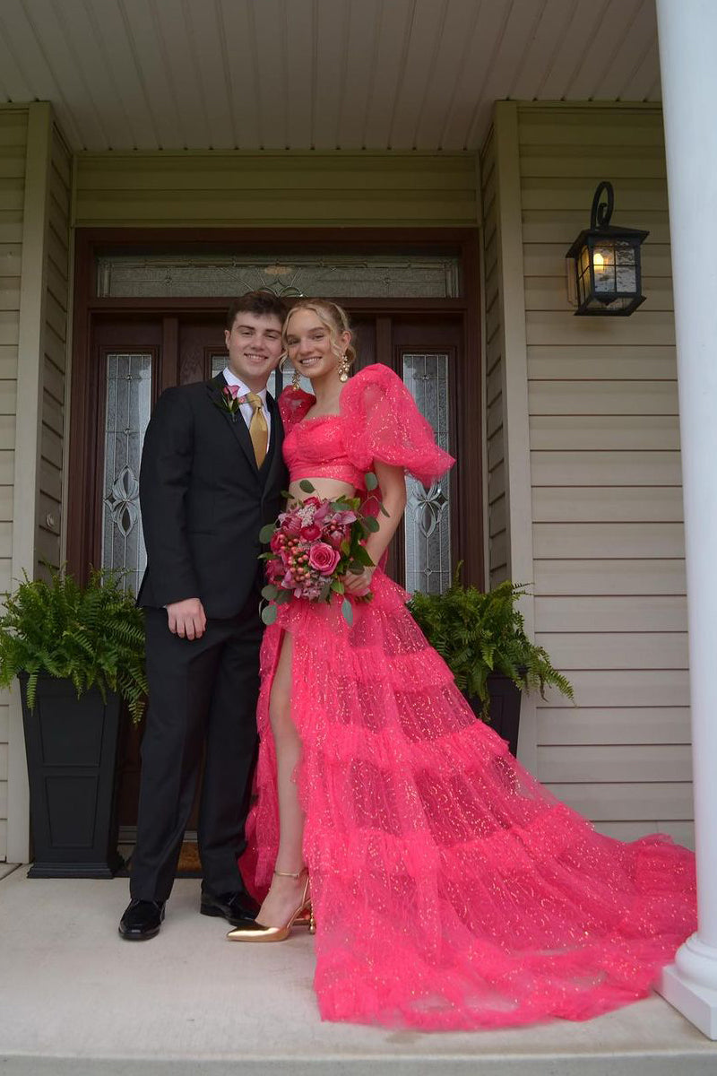 Gorgeous Fuchsia Two Piece Sweetheart Tulle Long Prom Dresses with Slit VK0731154-1