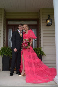 Gorgeous Fuchsia Two Piece Sweetheart Tulle Long Prom Dresses with Slit VK0731154-1