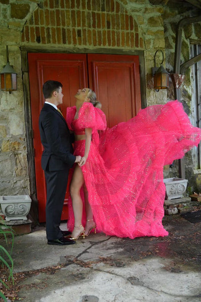 Gorgeous Fuchsia Two Piece Sweetheart Tulle Long Prom Dresses with Slit VK0731154-2