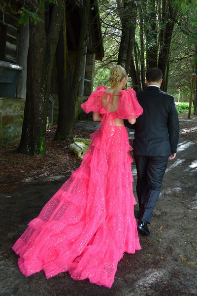 Gorgeous Fuchsia Two Piece Sweetheart Tulle Long Prom Dresses with Slit VK0731154-3