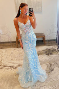 Gorgeous Light Blue Sequins Lace V Neck Long Prom Dresses VK23122802-1