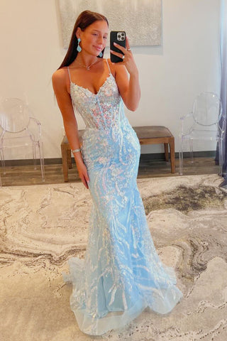 Gorgeous Light Blue Sequins Lace V Neck Long Prom Dresses VK23122802-1