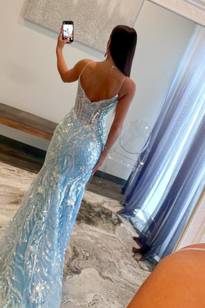 Light Blue Sequins Appliques V Neck Long Prom Dresses VK23122802 –  Vickidress
