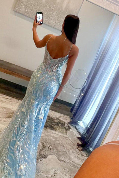 Gorgeous Light Blue Sequins Lace V Neck Long Prom Dresses VK23122802-2