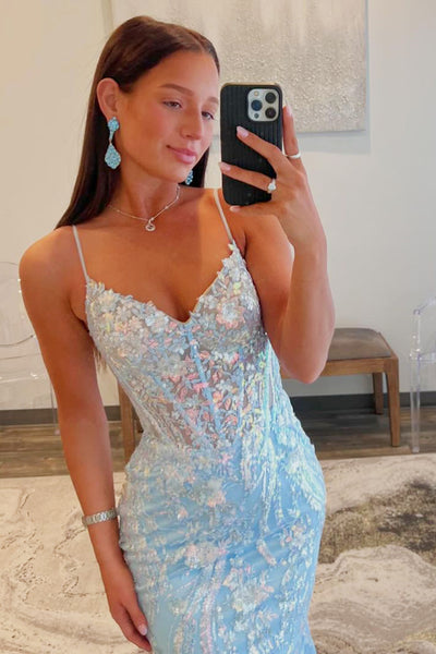 Gorgeous Light Blue Sequins Lace V Neck Long Prom Dresses VK23122802-3