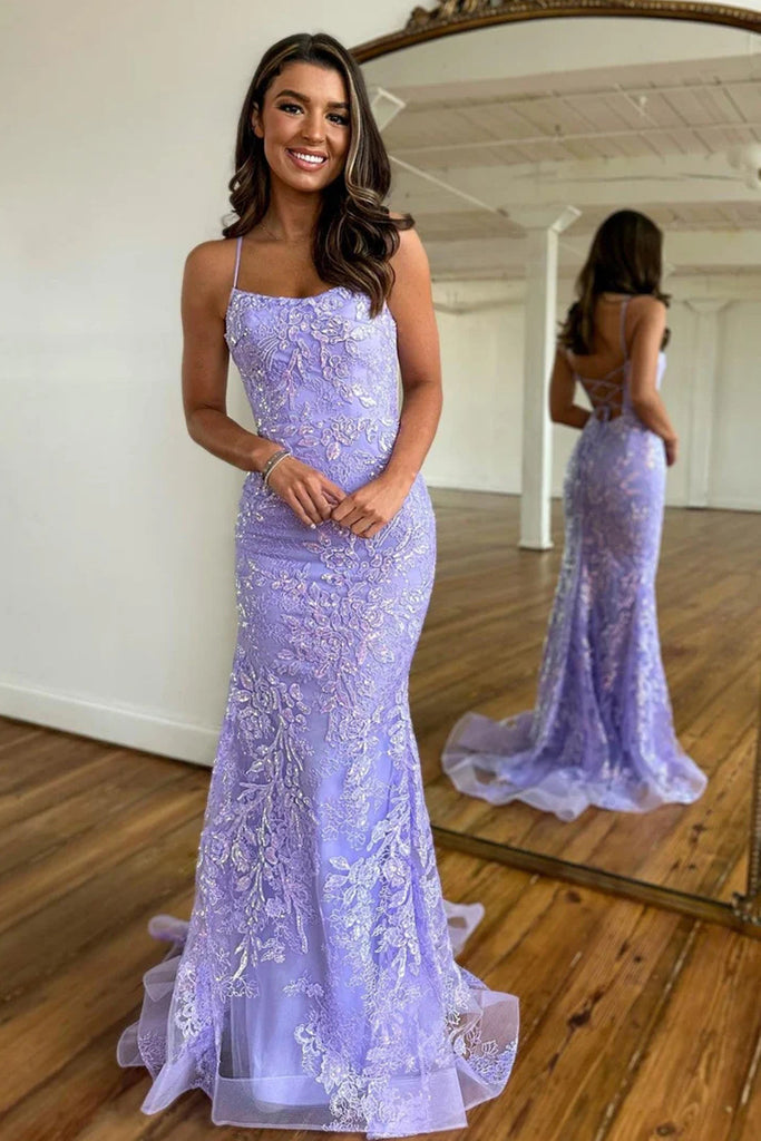 fitted lace wedding dress Mermaid Scoop Neck Lilac Sequin Lace Long Prom Dresses VK23103102 –  Vickidress