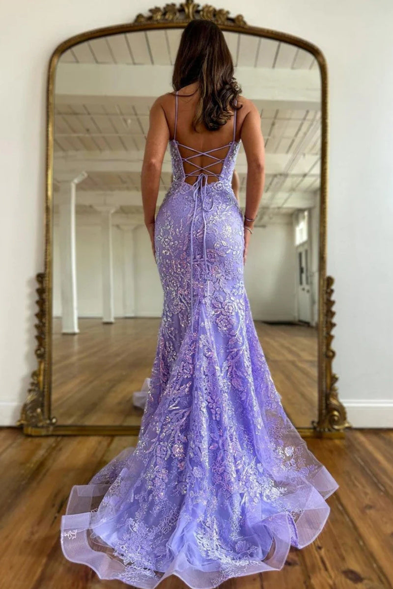 mermaid scoop prom dress Mermaid Scoop Neck Lilac Sequin Lace Long Prom Dresses VK23103102 –  Vickidress