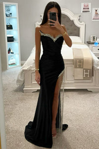Gorgeous Mermaid Strapless Black Long Prom Dresses with Fringe Slit VK23122904