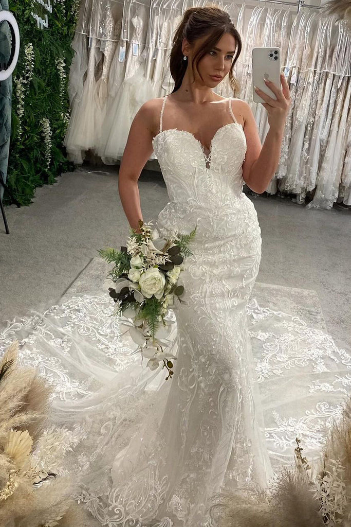 Sweetheart Lace Wedding Dresses, Mermaid Lace Appliques Bridal Gown