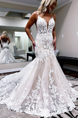 Gorgeous Mermaid V Neck Lace Champagne Wedding Dresses VK0731109-1