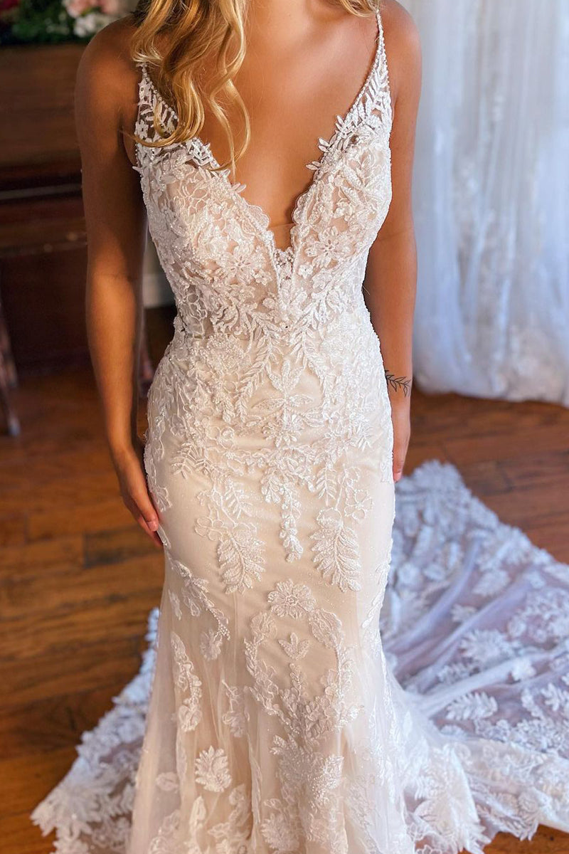 Gorgeous Mermaid V Neck Lace Light Champagne Wedding Dresses VK0731108 –  Vickidress