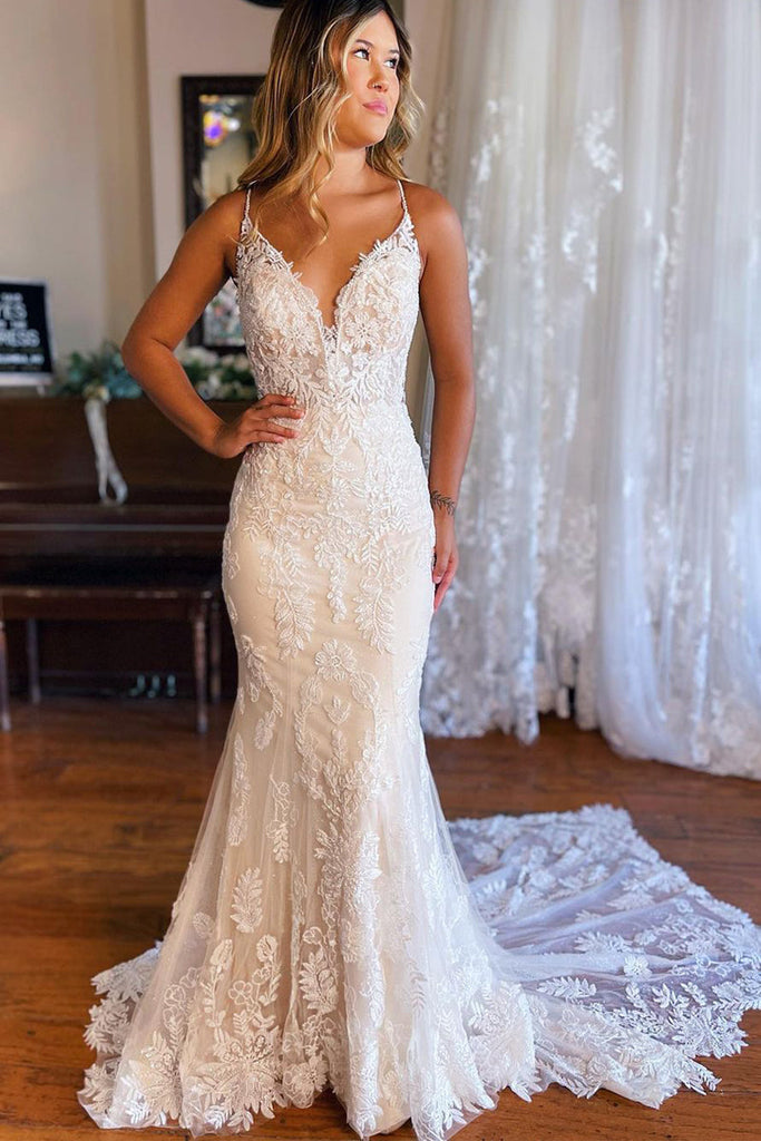 Gorgeous Mermaid V Neck Lace Light Champagne Wedding Dresses VK0731108 –  Vickidress