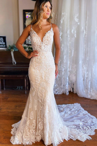 Gorgeous Mermaid V Neck Lace Light Champagne Wedding Dresses VK0731108