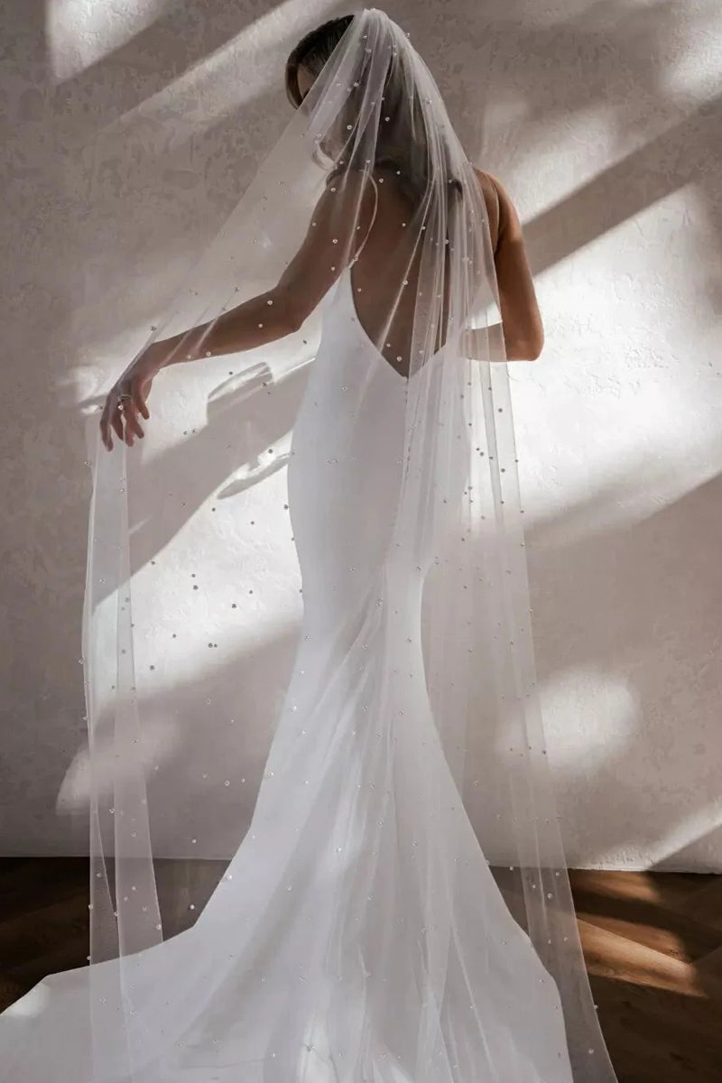 Gorgeous Single Layer of Luxe Tulle Pearl Veil VK111903-1