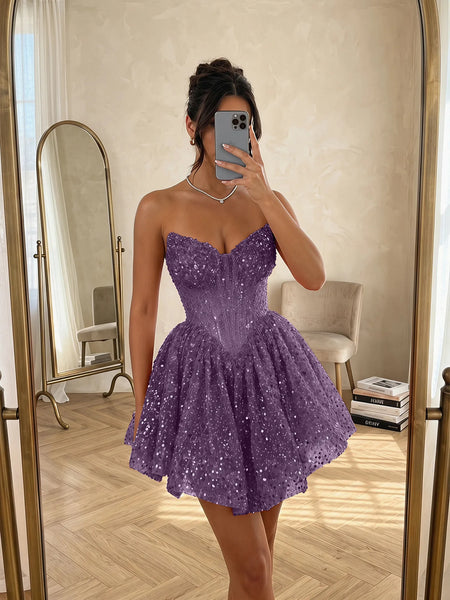 Sequin Strapless Sweetheart Mini Homecoming Dress with Ruffled Skirt