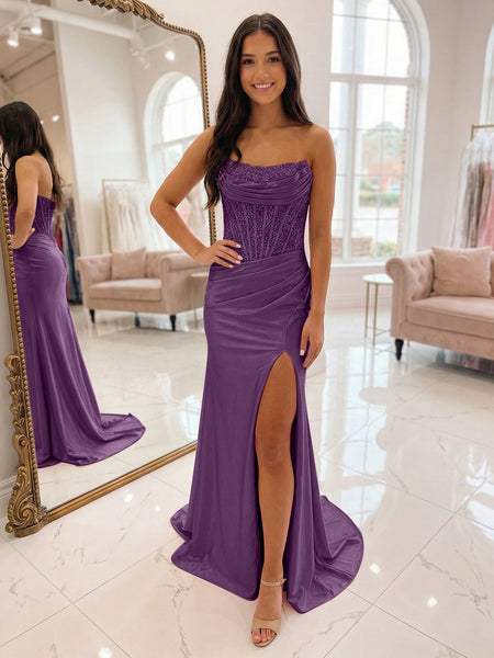 Romantic Pink Satin Corset Slit Prom Dress with Beaded Bodice