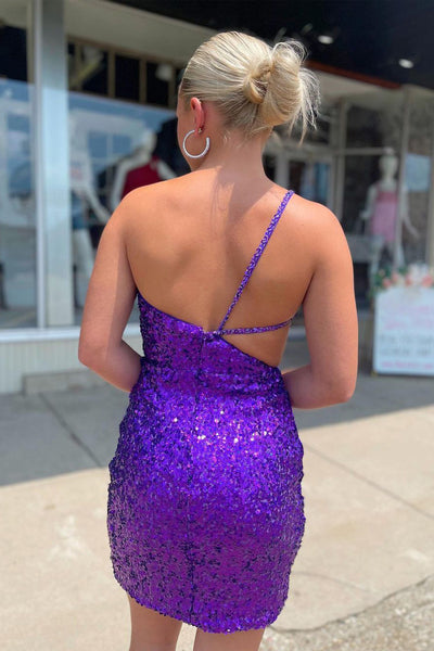 Grape Sequins One Shoulder Bodycon Short Homecoming Dresses VK23062903