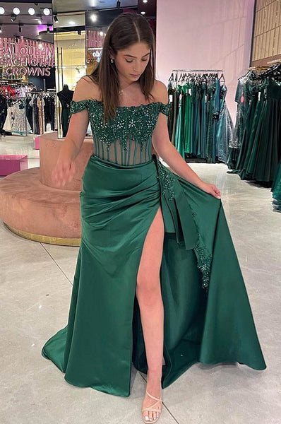 Mermaid Off the-Shoulder Green Satin Prom Dresses with Appliques