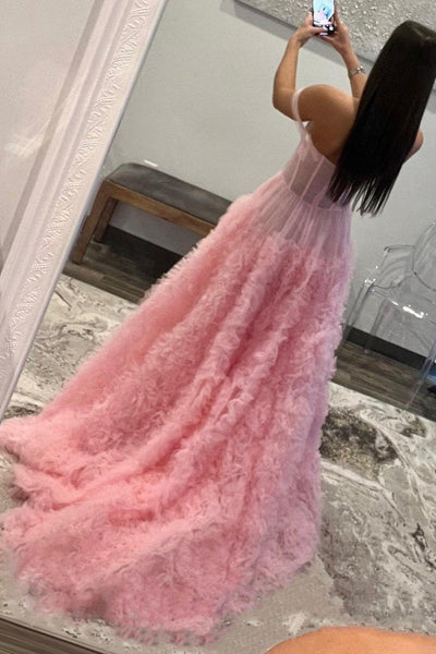 Fairy Ball Gown Off the Shoulder Pink Tiered Tulle Long Prom Dress