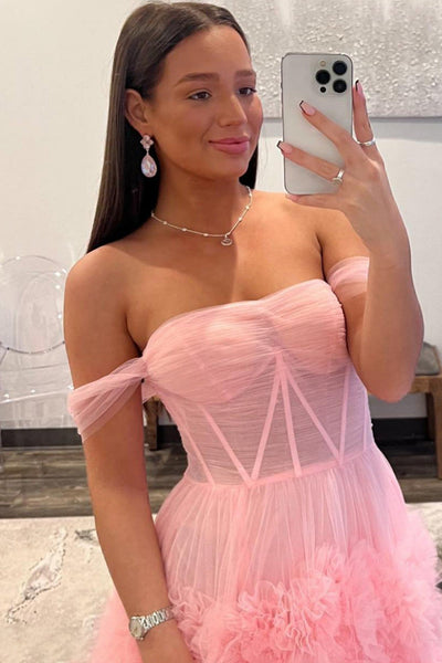 Fairy Ball Gown Off the Shoulder Pink Tiered Tulle Long Prom Dress