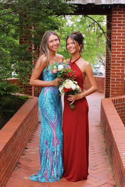 Halter Burgundy Open Back Sheath Long Dress