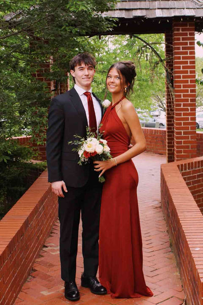 Halter Burgundy Open Back Sheath Long Dress