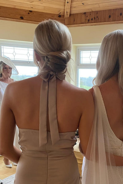 Halter Champagne Fitted Bridesmaid Dress with Slit