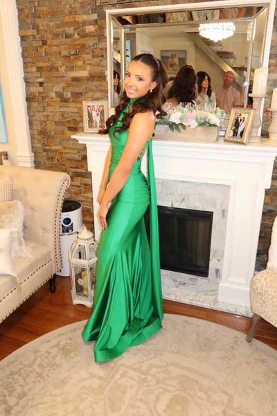 Halter Emerald Green Open Back Mermaid Long Dress