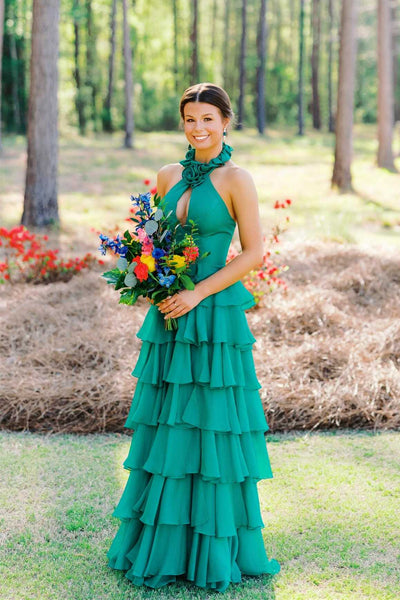 Halter Emerald Green Tiered Long Dress with Rosette