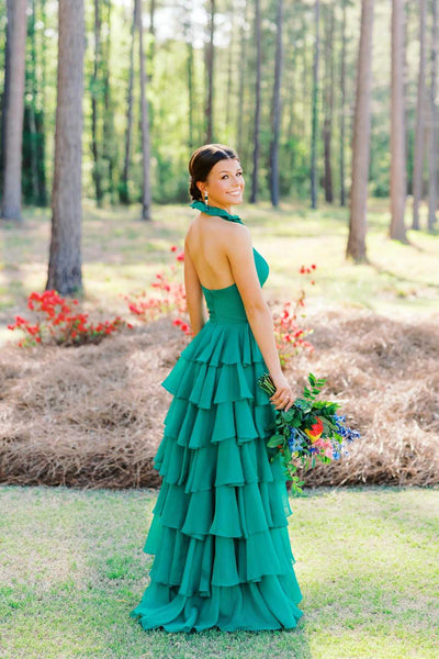Halter Emerald Green Tiered Long Dress with Rosette
