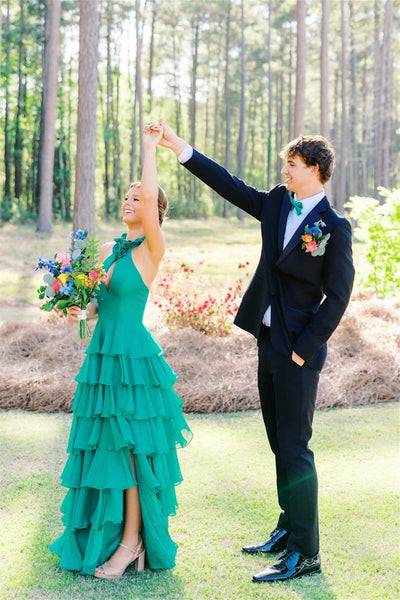 Halter Emerald Green Tiered Long Dress with Rosette