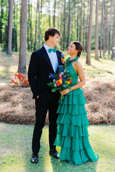 Halter Emerald Green Tiered Long Dress with Rosette