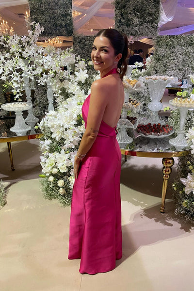 Halter Hot Pink Bridesmaid Dress with Slit