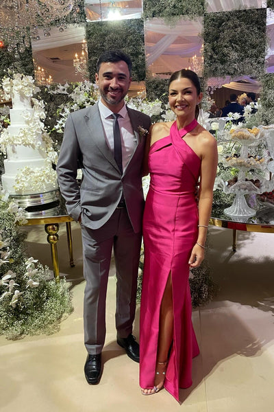 Halter Hot Pink Bridesmaid Dress with Slit