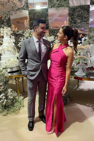 Halter Hot Pink Bridesmaid Dress with Slit