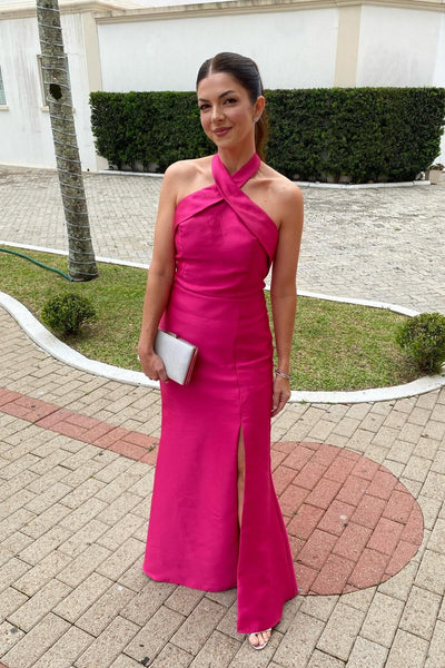 Halter Hot Pink Bridesmaid Dress with Slit