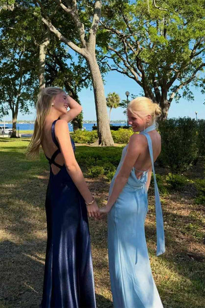 Halter Light Blue Open Back Sheath Long Dress