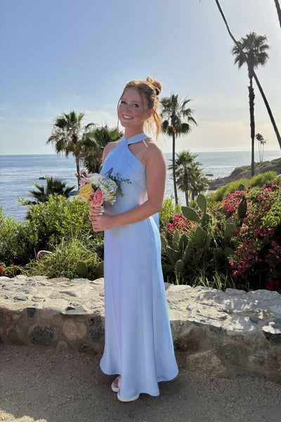 Halter Light Blue Satin Column Long Dress
