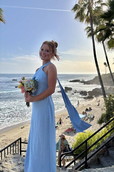 Halter Light Blue Satin Column Long Dress