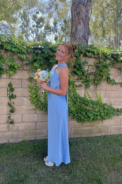 Halter Light Blue Satin Column Long Dress